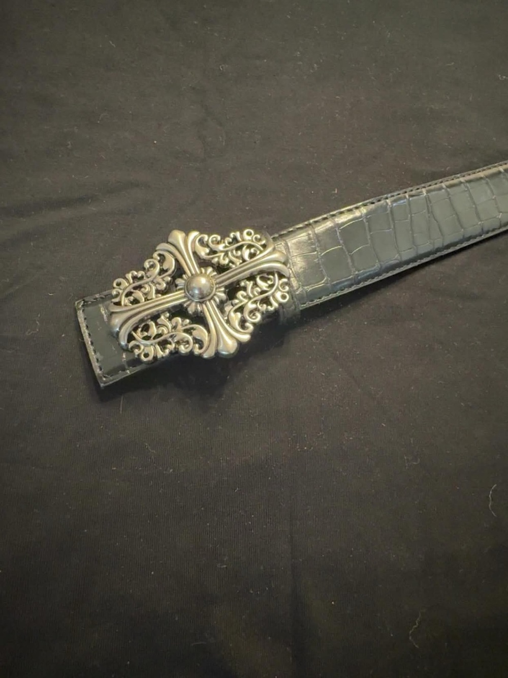 Chrome Hearts Silver Cross Buckle Black Leather Belt  Accessories